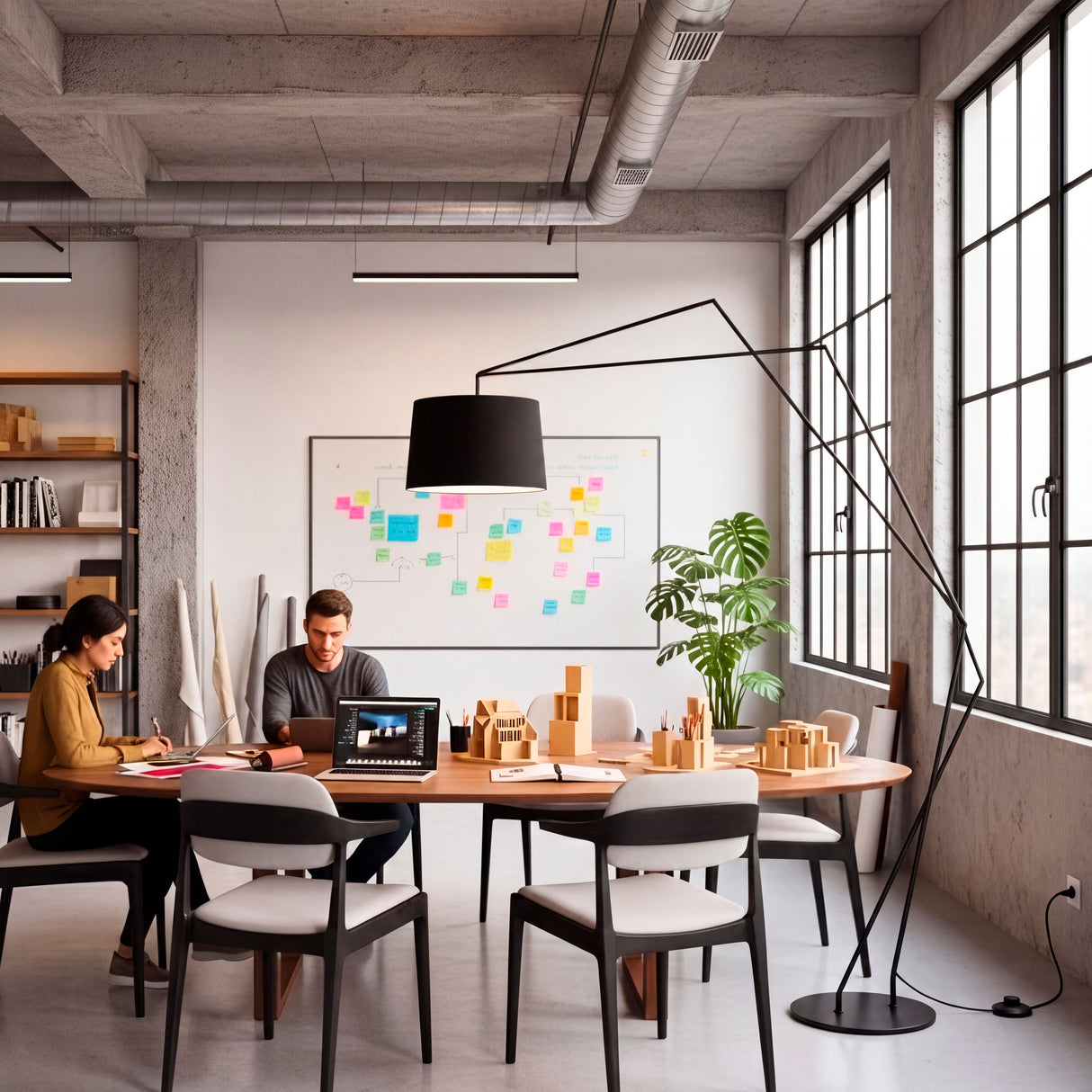 Diseño lumínico funcional mediante lámpara de arco industrial en un espacio de trabajo de concepto abierto.