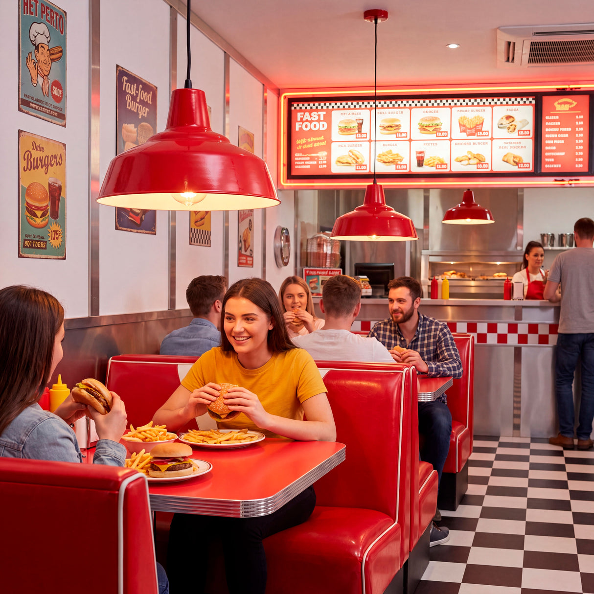 Campanas metálicas rojas que aportan luz focalizada y diseño clásico a comedores comerciales y cafeterías.