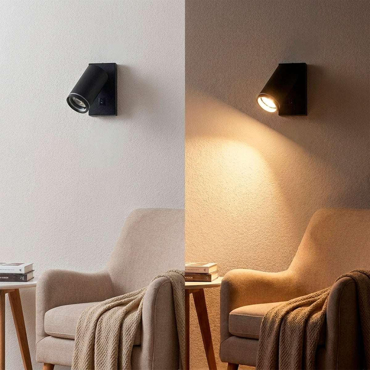 Pareja de focos de pared negros aportando iluminación ambiental sobre zona de descanso en salón.