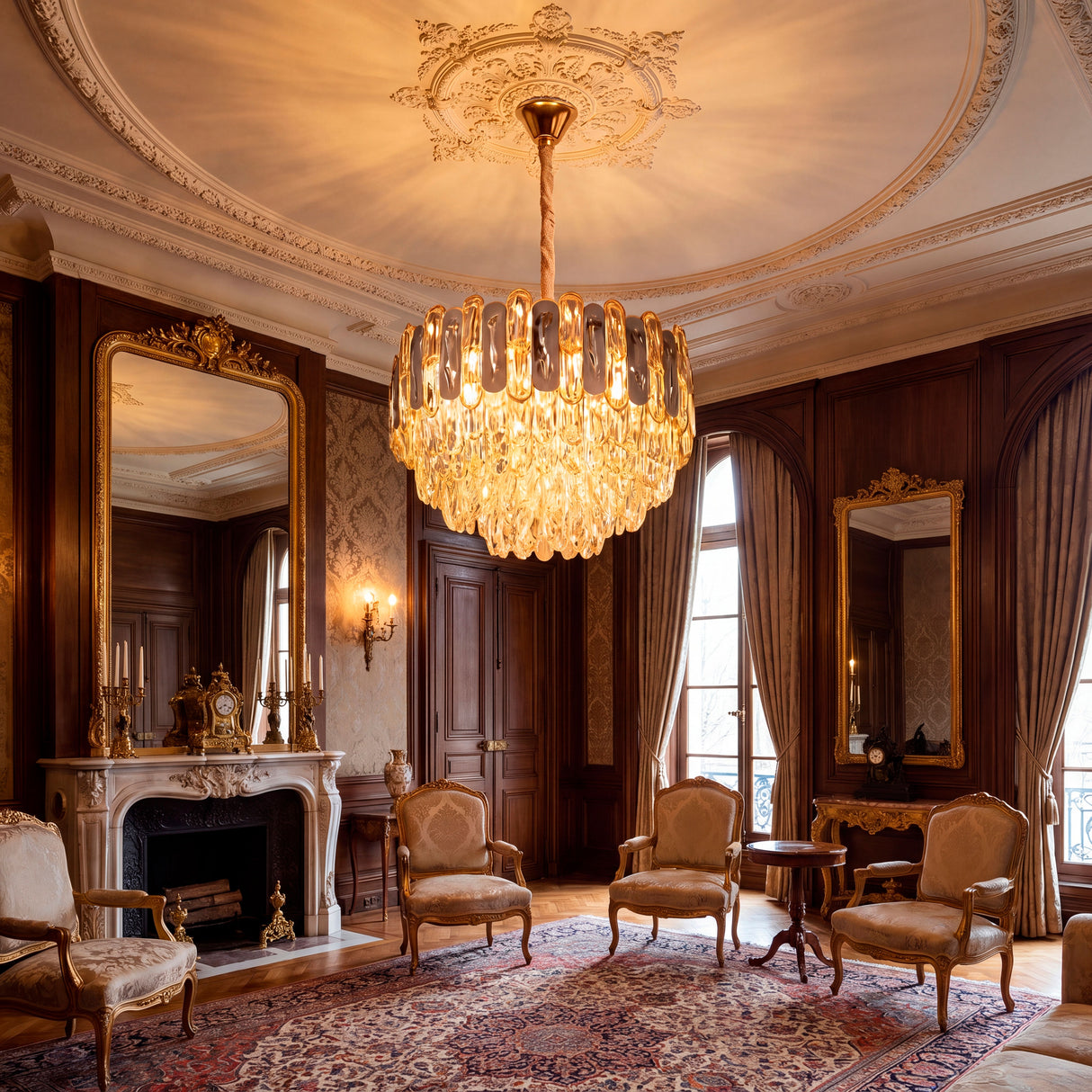 Luminaria colgante de lujo con prismas de cristal y estructura dorada en salón de arquitectura clásica francesa.