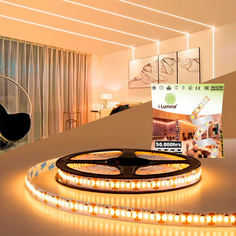 Proyecto de arquitectura contemporánea con líneas de luz indirecta y empaque de bobina sobre mesa.