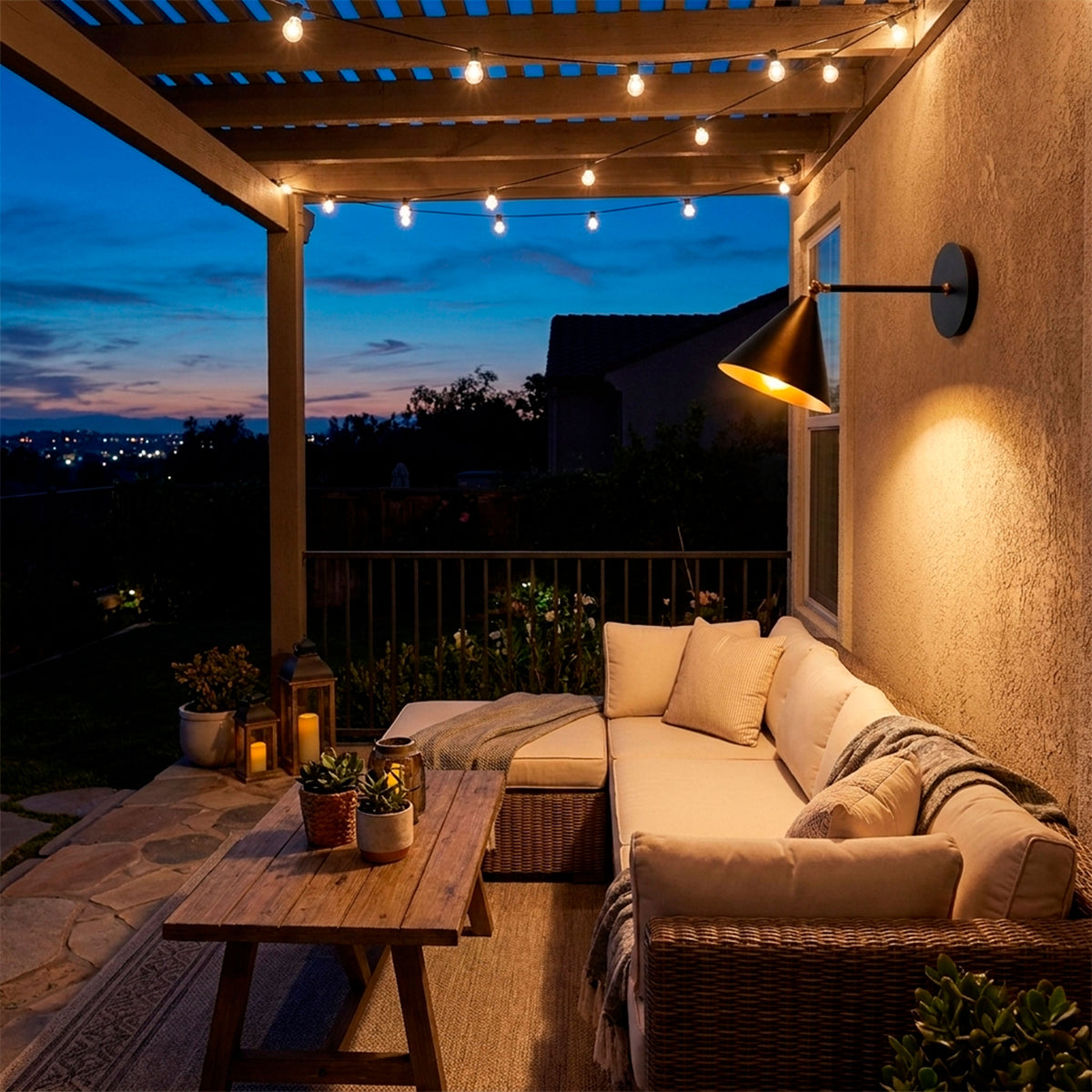 Iluminación de sobreponer para pared exterior techada que aporta distinción y estilo contemporáneo.