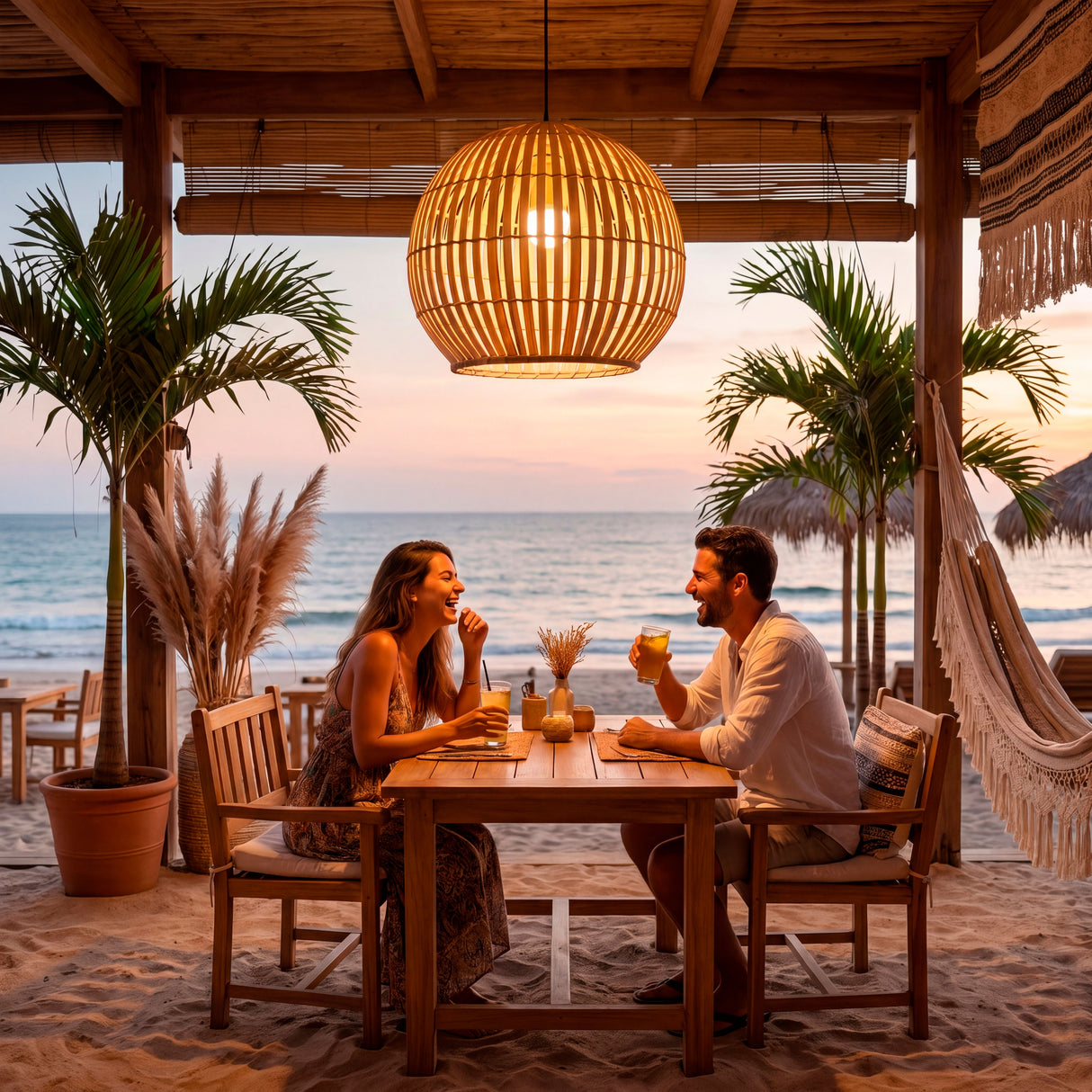 Pareja cenando en terraza de playa bajo la luz cálida de la lámpara Betania.