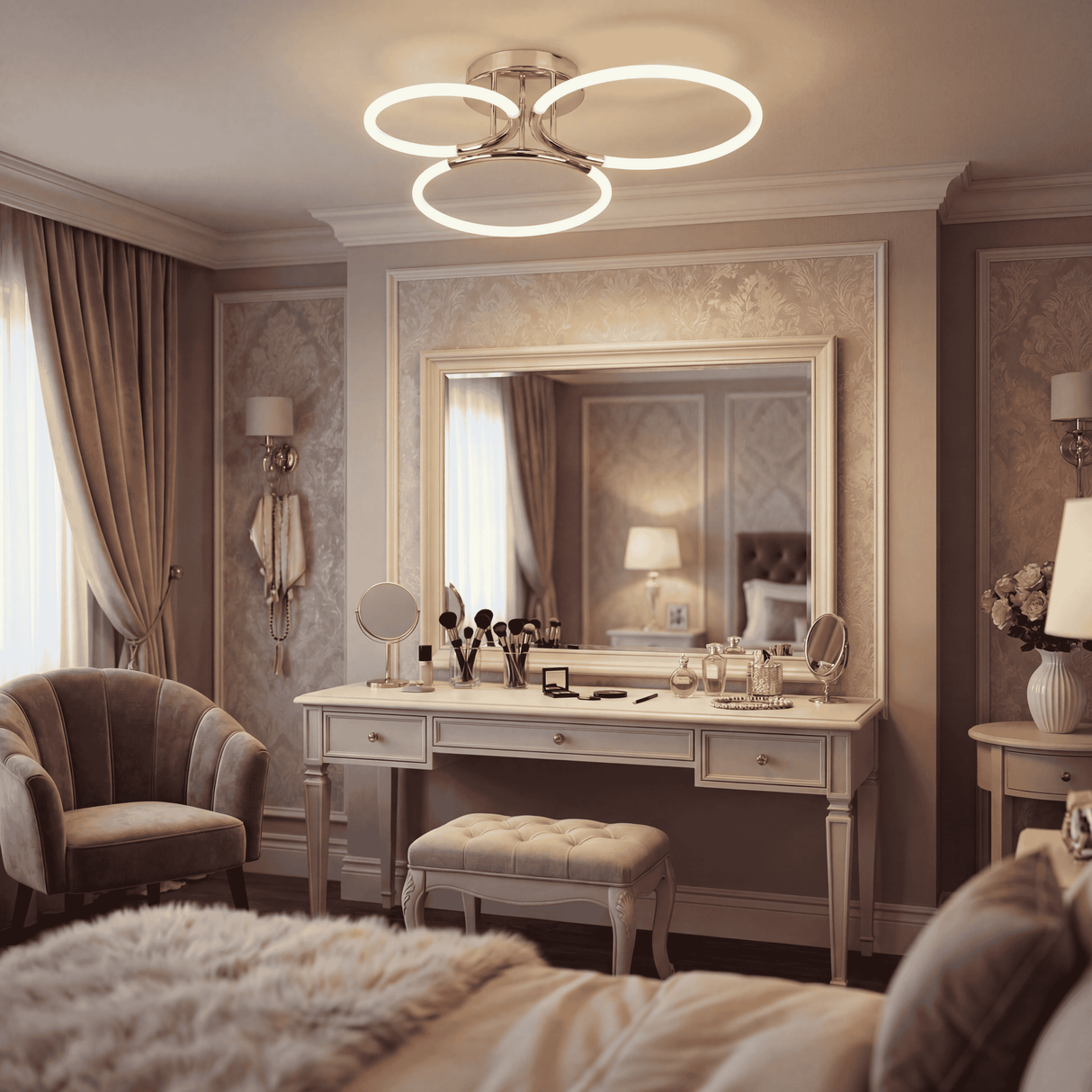 Lámpara decorativa sobre zona de maquillaje con espejos y mobiliario de estilo francés.
