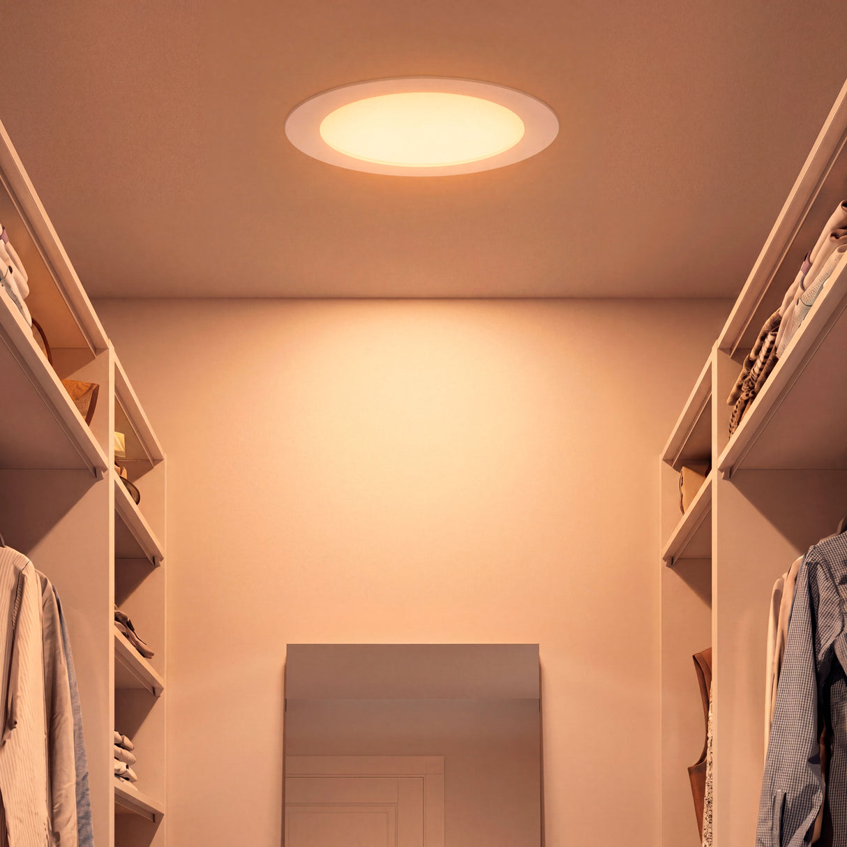 Spot circular LED de 18W en vestidor, ofreciendo una luz uniforme sobre la ropa.