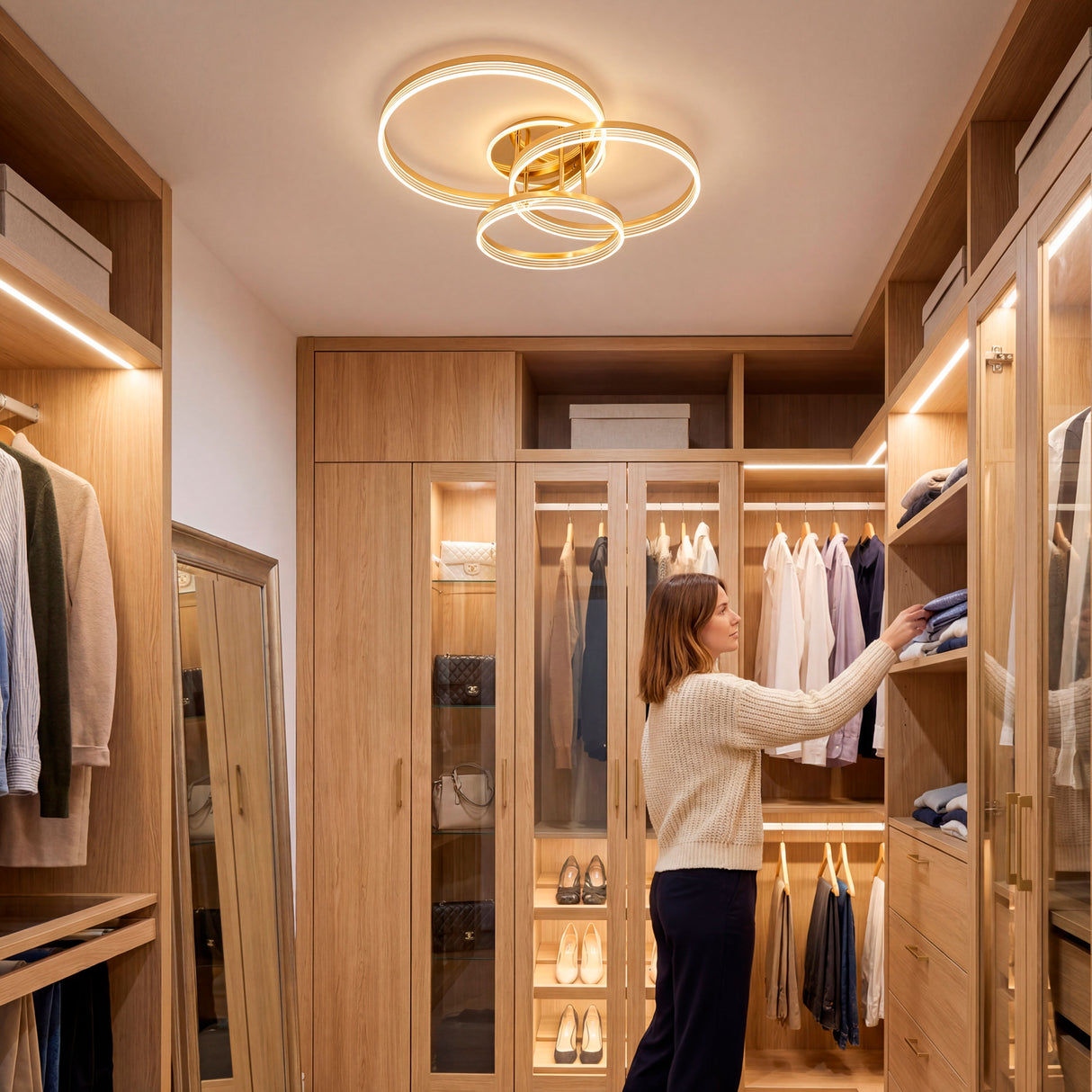 Aplicación de luz LED en vestidor amplio con armarios abiertos y tonos claros.