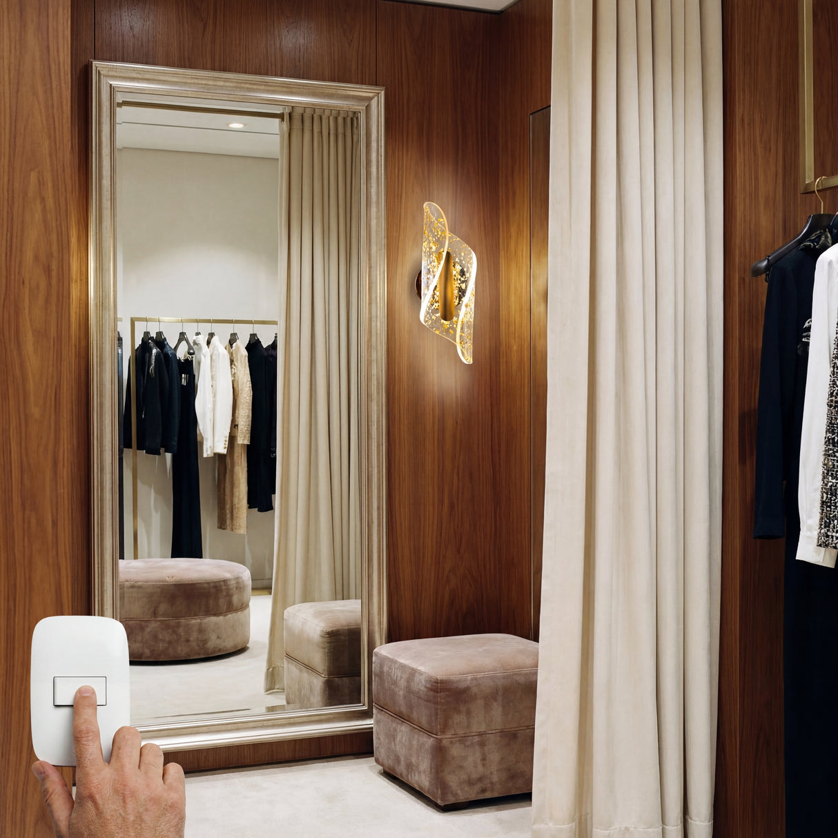 Lampara Vortex Nebula instalada en un vestidor o walking closet de diseño contemporaneo.