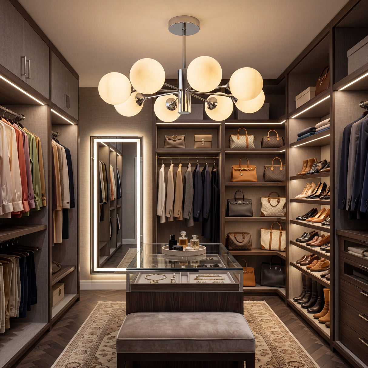 Iluminacion para walk-in closet de lujo con lampara cromada de 8 brazos