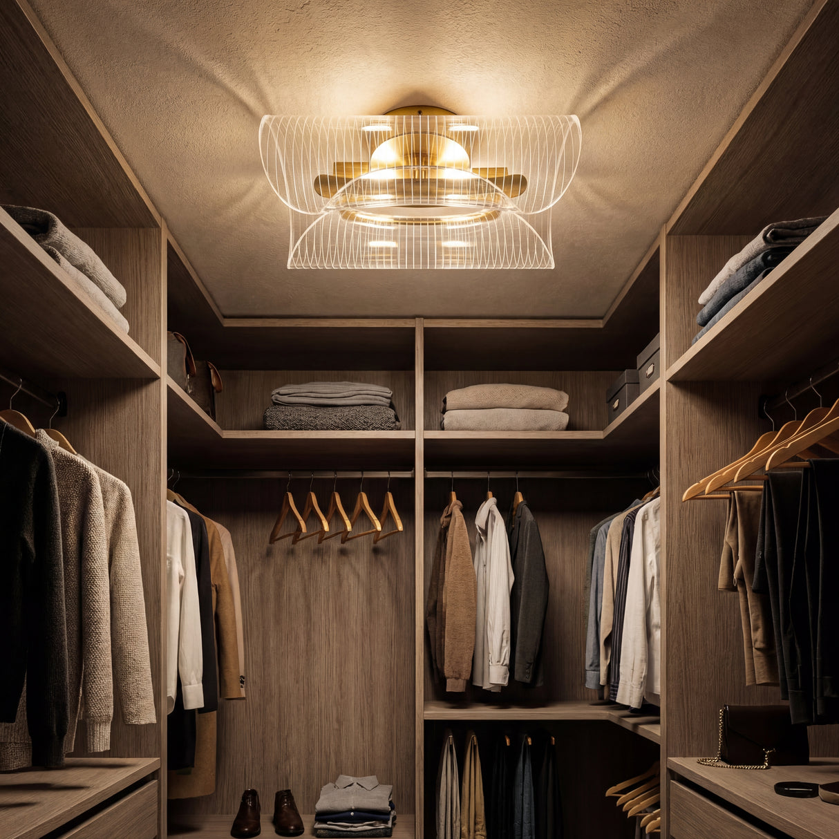 Lámpara de pared Ethereal Gold instalada horizontalmente en techo de walk-in closet.