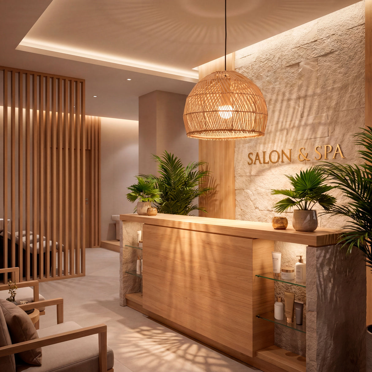 Luminaria de rattan en mostrador de recepción de SPA con luz ambiental relajante.