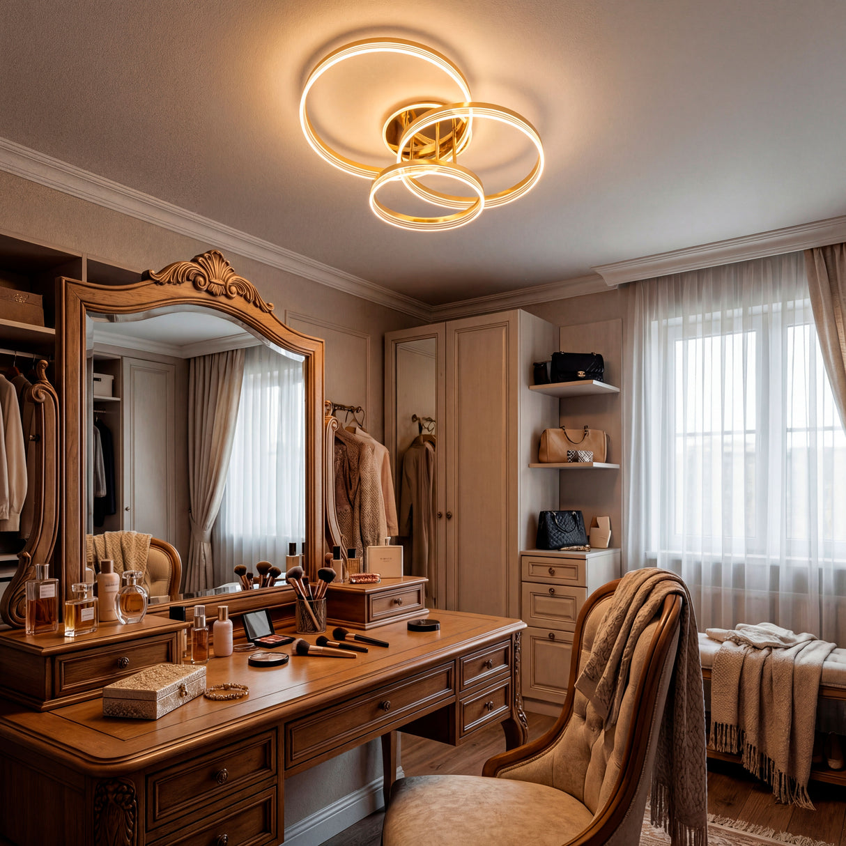 Lámpara decorativa sobre tocador de madera en dormitorio con luz cálida.