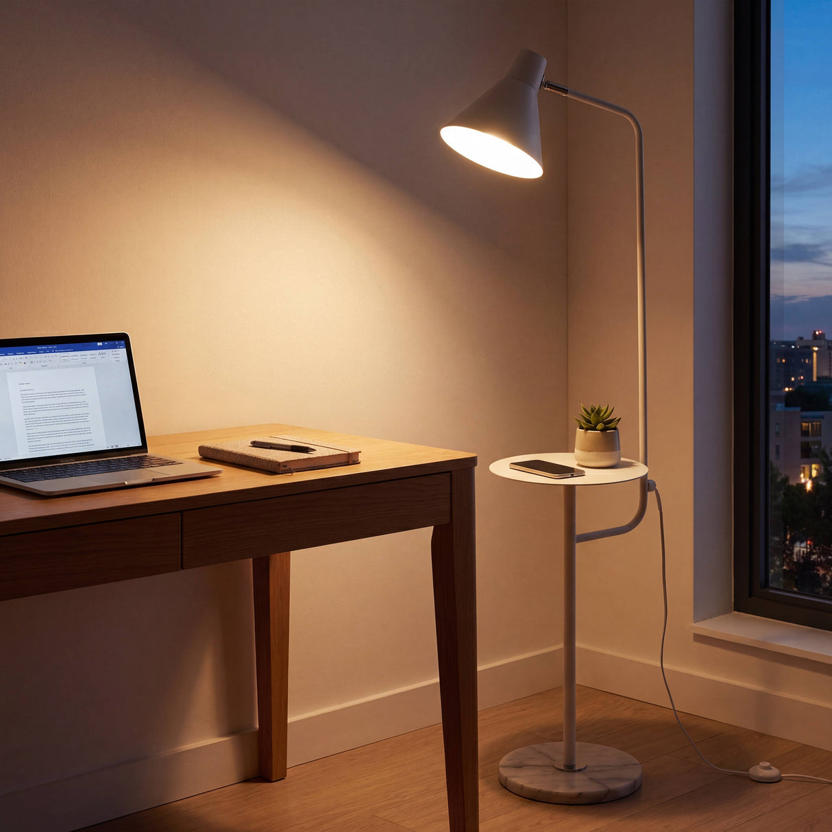 Espacio de oficina en casa con lámpara de pie aportando luz de apoyo lateral al escritorio de madera.