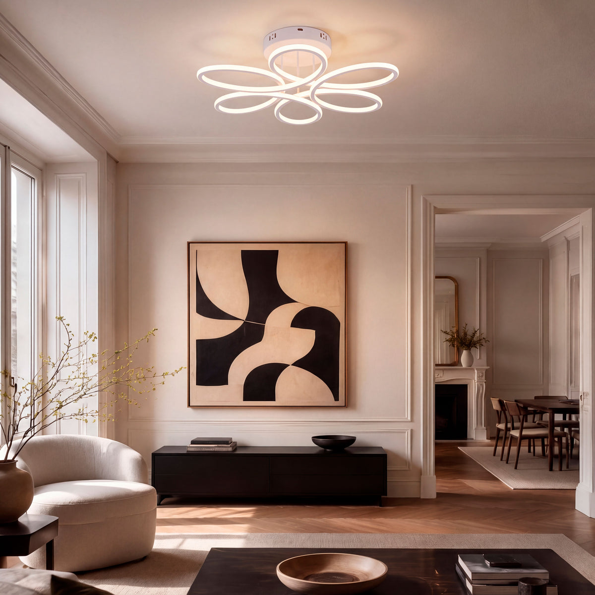 Iluminación cenital sobre salón moderno para crear ambientes cálidos y de alto confort óptico.