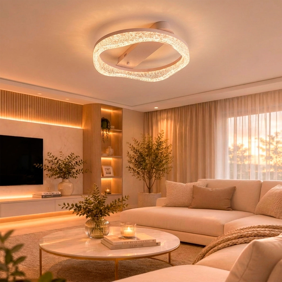 Distribución de luz ambiental cálida de sobreponer para proyectos de interiorismo en zonas de convivencia.