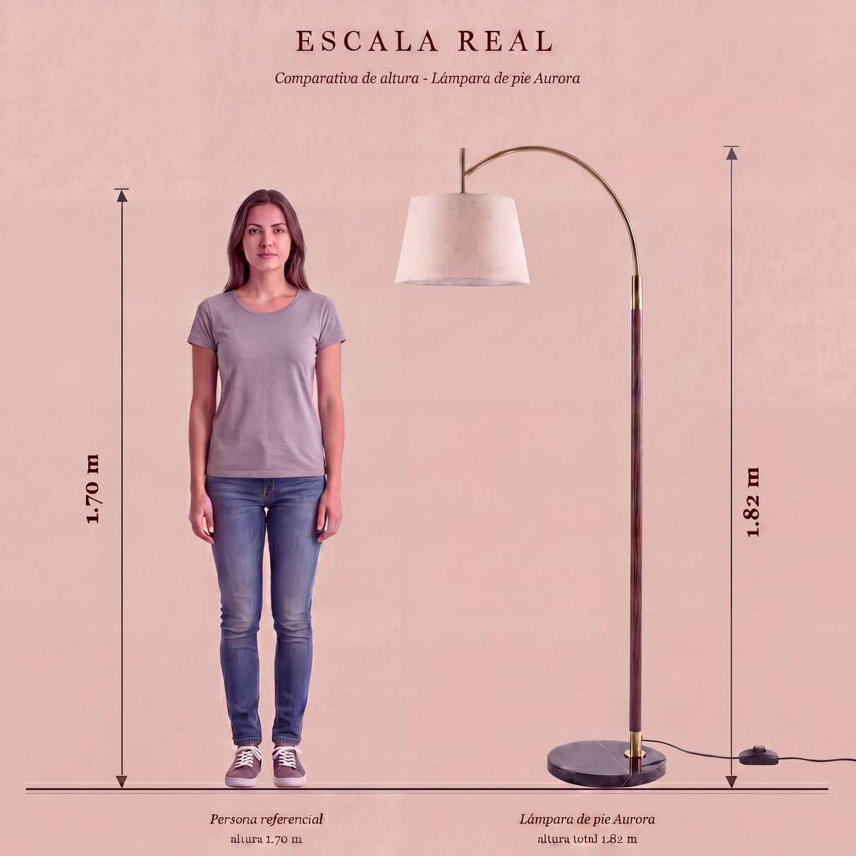 Gráfico de proporciones y altura de luminaria de diseño respecto a una silueta humana de 1.70m.