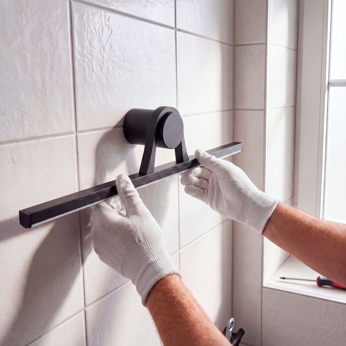 Técnico instalando barra de iluminación perimetral con guantes protectores en baño contemporáneo.