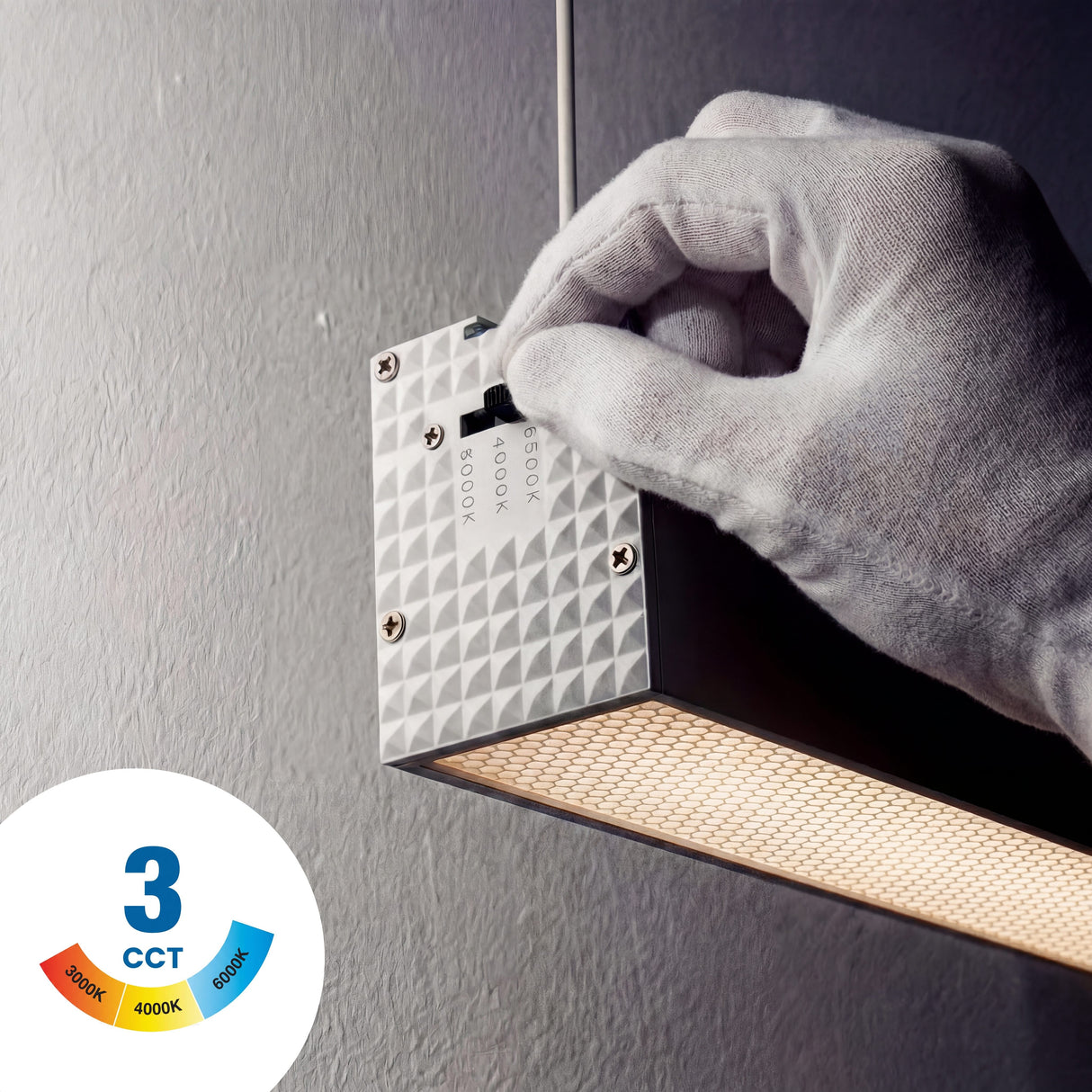 Detalle de ajuste manual de sistema de suspensión para lámpara lineal de diseño contemporáneo.