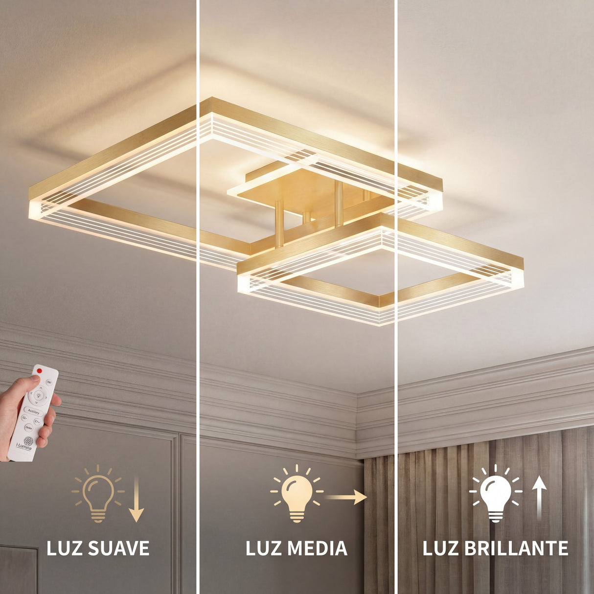 Niveles de brillo regulable (suave, medio, brillante) para plafón LED moderno de salón.