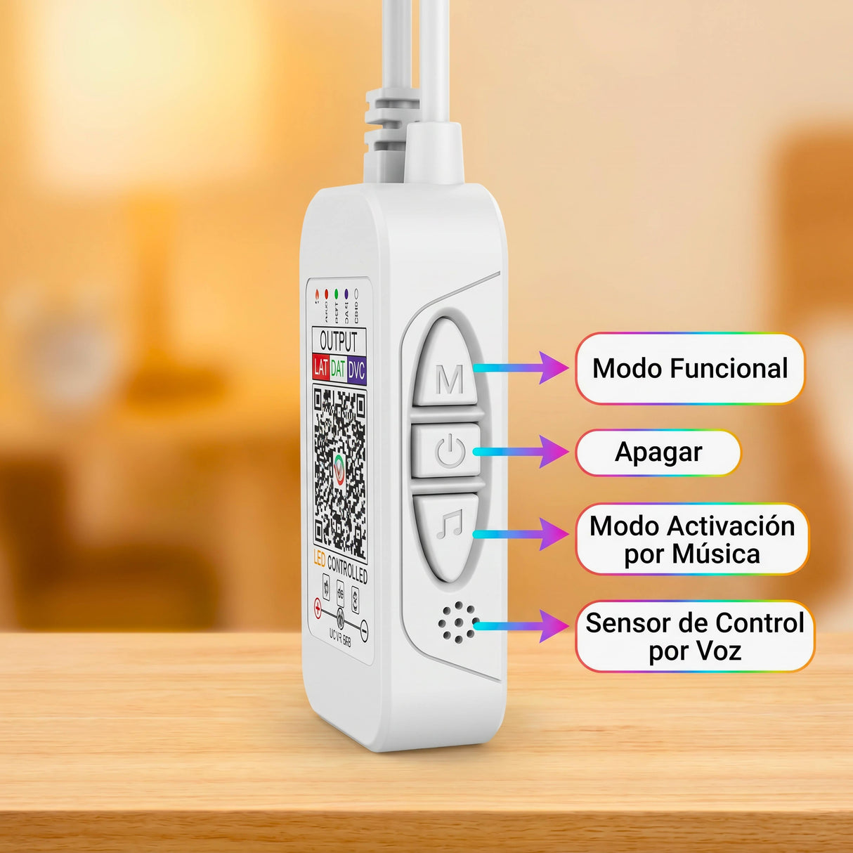 Captura de pantalla de la interfaz de la aplicación en un dispositivo móvil para controlar las luces LED, mostrando varias opciones.