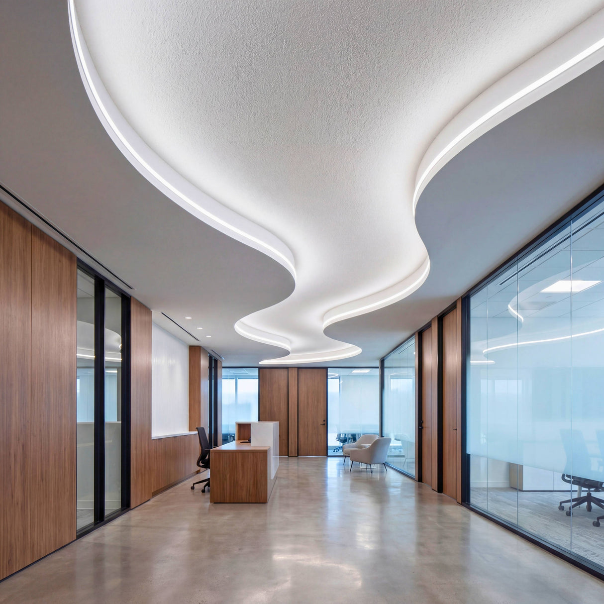 Diseño de interiores corporativo con canales de luz difusa suspendidos en formas curvas elegantes.