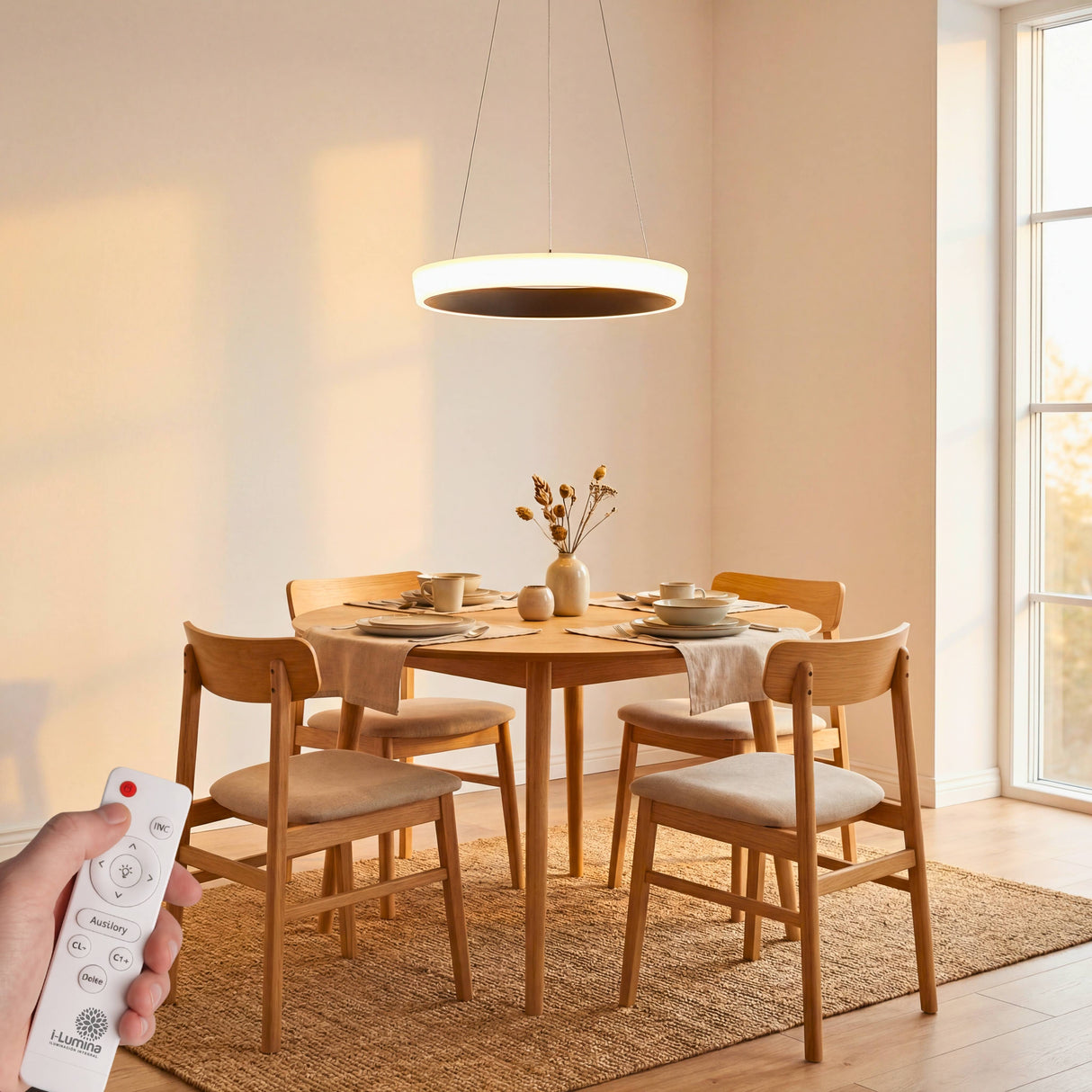 Escena de comedor iluminada con luz cenital suave y diseño de perfil extra fino.