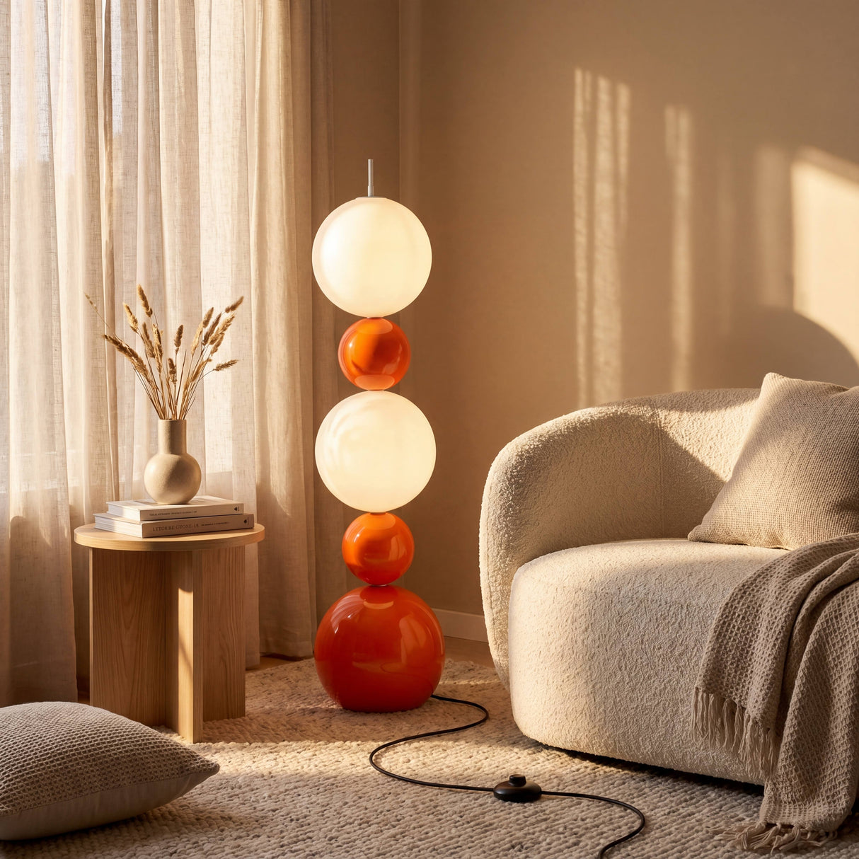 Rincón de salón minimalista decorado con una luminaria vertical de esferas y un sillón curvo.