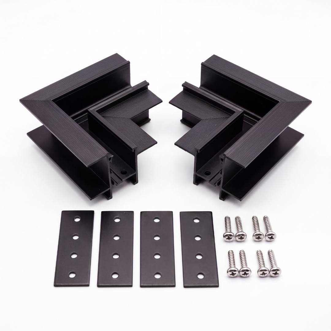 Contenido del kit: 2 esquineros 90°, 4 placas de anclaje y 8 tornillos, riel no incluido