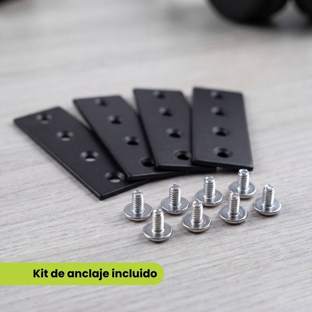 Kit de anclaje incluido: 4 placas metálicas y 8 tornillos tipo cruz para esquineros