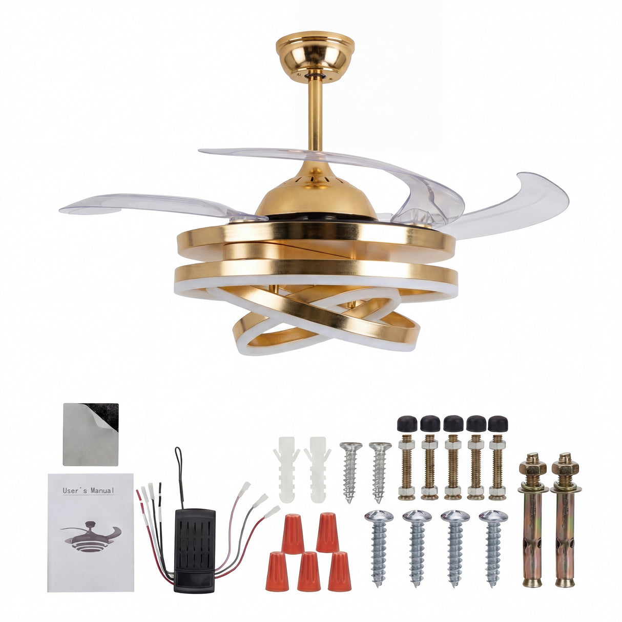Vista detallada de los accesorios, control remoto y piezas de montaje del ventilador dorado.