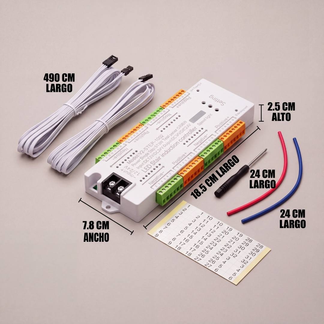 Kit del controlador de escaleras con dimensiones: 18.5 x 7.8 x 2.5 cm y cables de sensor de 490 cm
