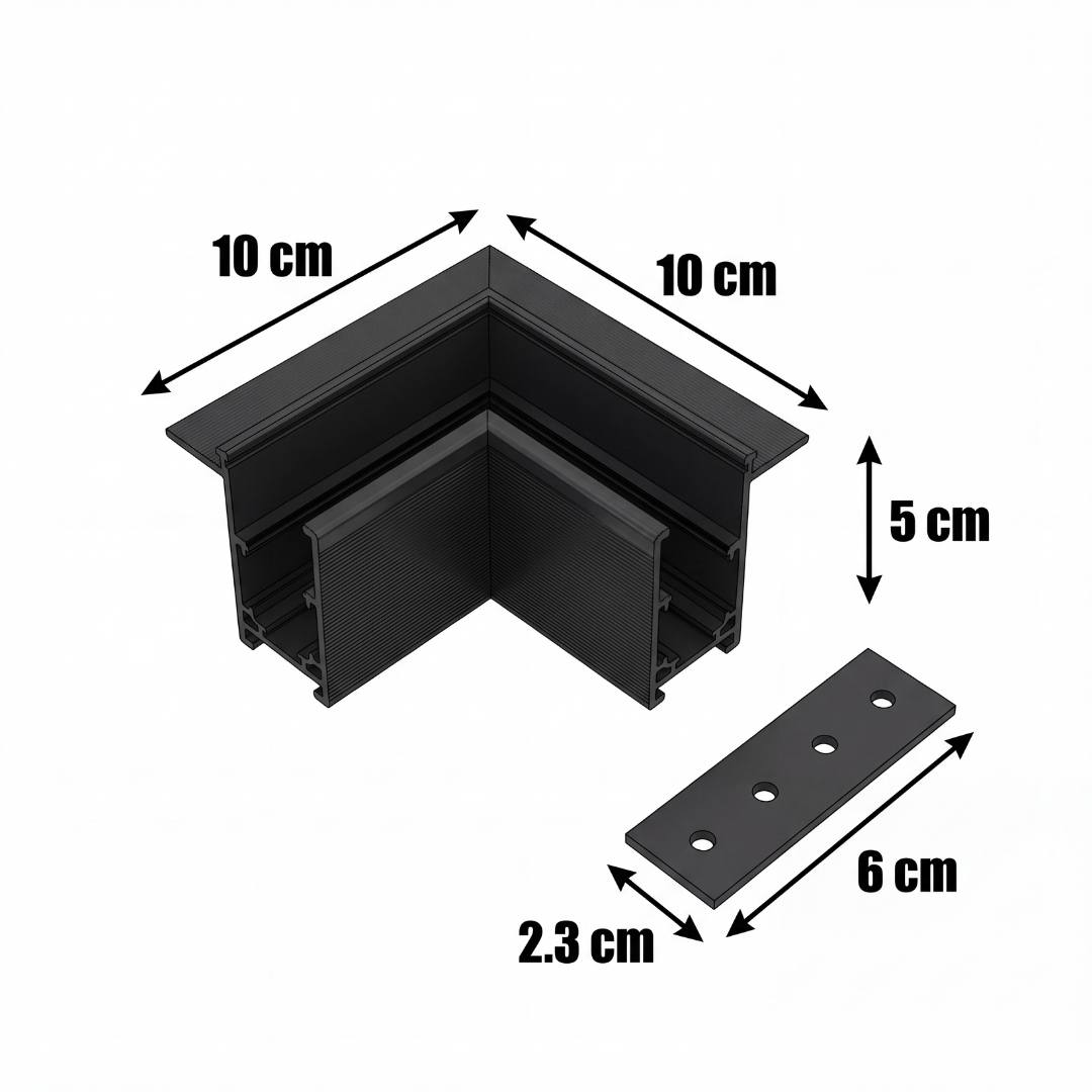 Dimensiones del esquinero 90°: 10 × 10 cm y 5 cm de alto; placa de 6 × 2.3 cm