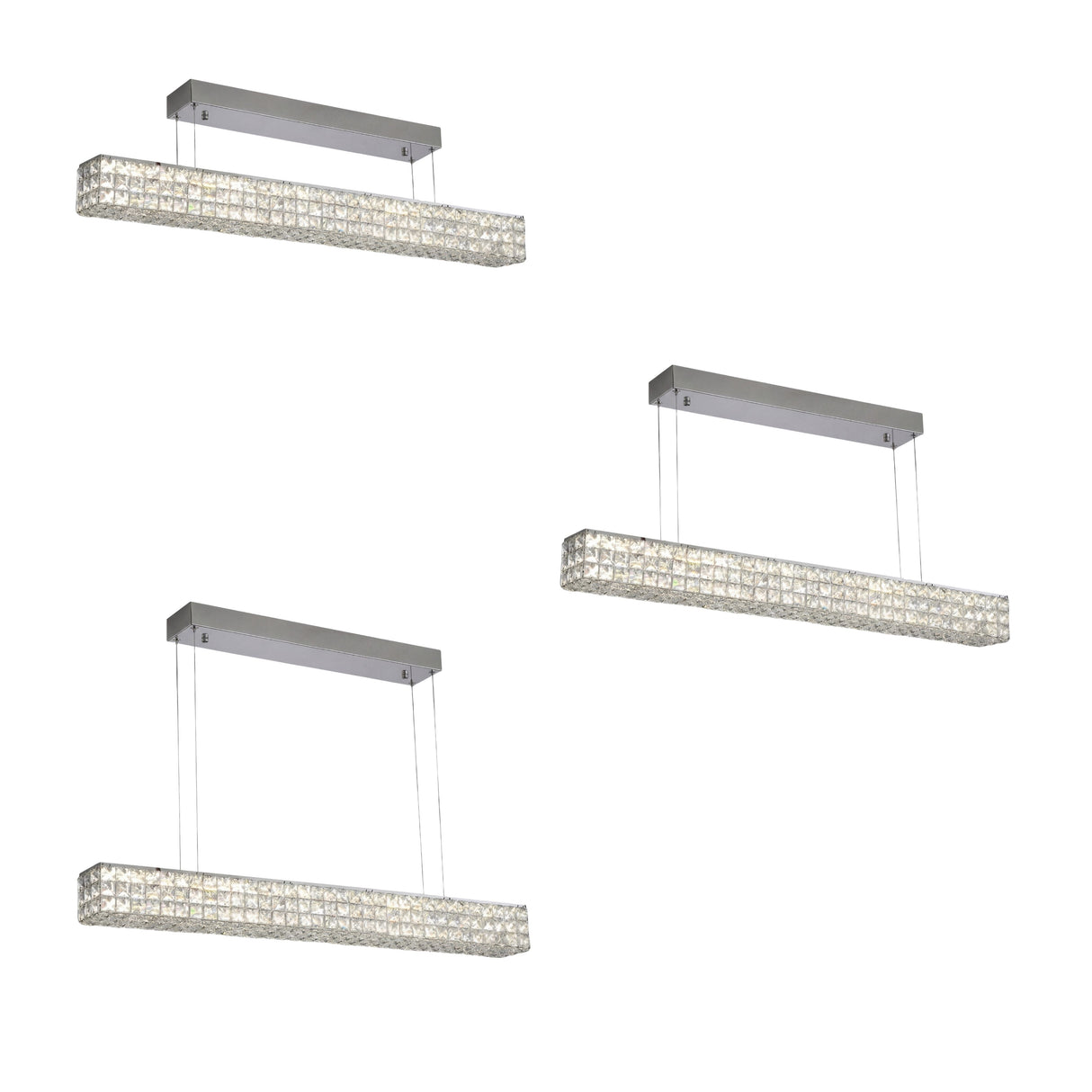 Vista de tres unidades de luminarias lineales con soportes de techo independientes.