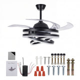 Kit completo de instalación y componentes de la Lámpara Ventilador LED Retráctil Luxury Futura Black, incluyendo control remoto, manual y pernos de expansión.