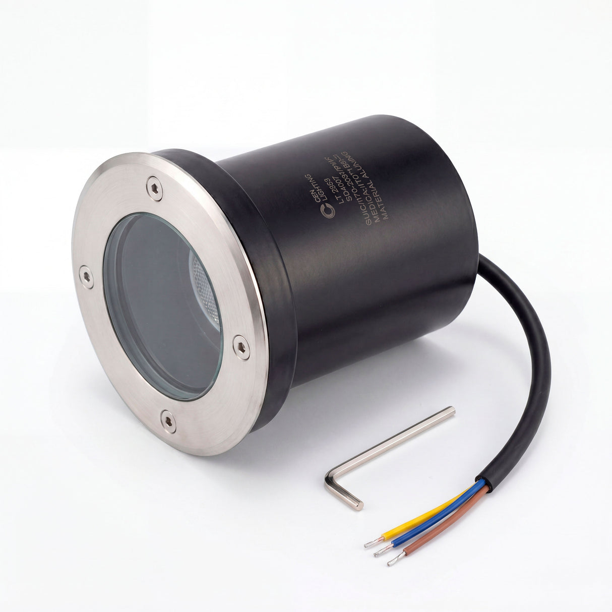 Vista exenta de proyector hermético junto a su herramienta de ajuste técnico para fijación segura.