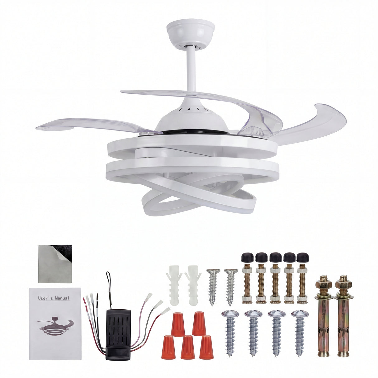 Componentes del kit de instalación, control remoto y accesorios del ventilador blanco.