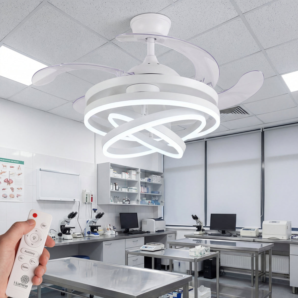 Ambiente de laboratorio con iluminación LED potente y motor DC de alto rendimiento.