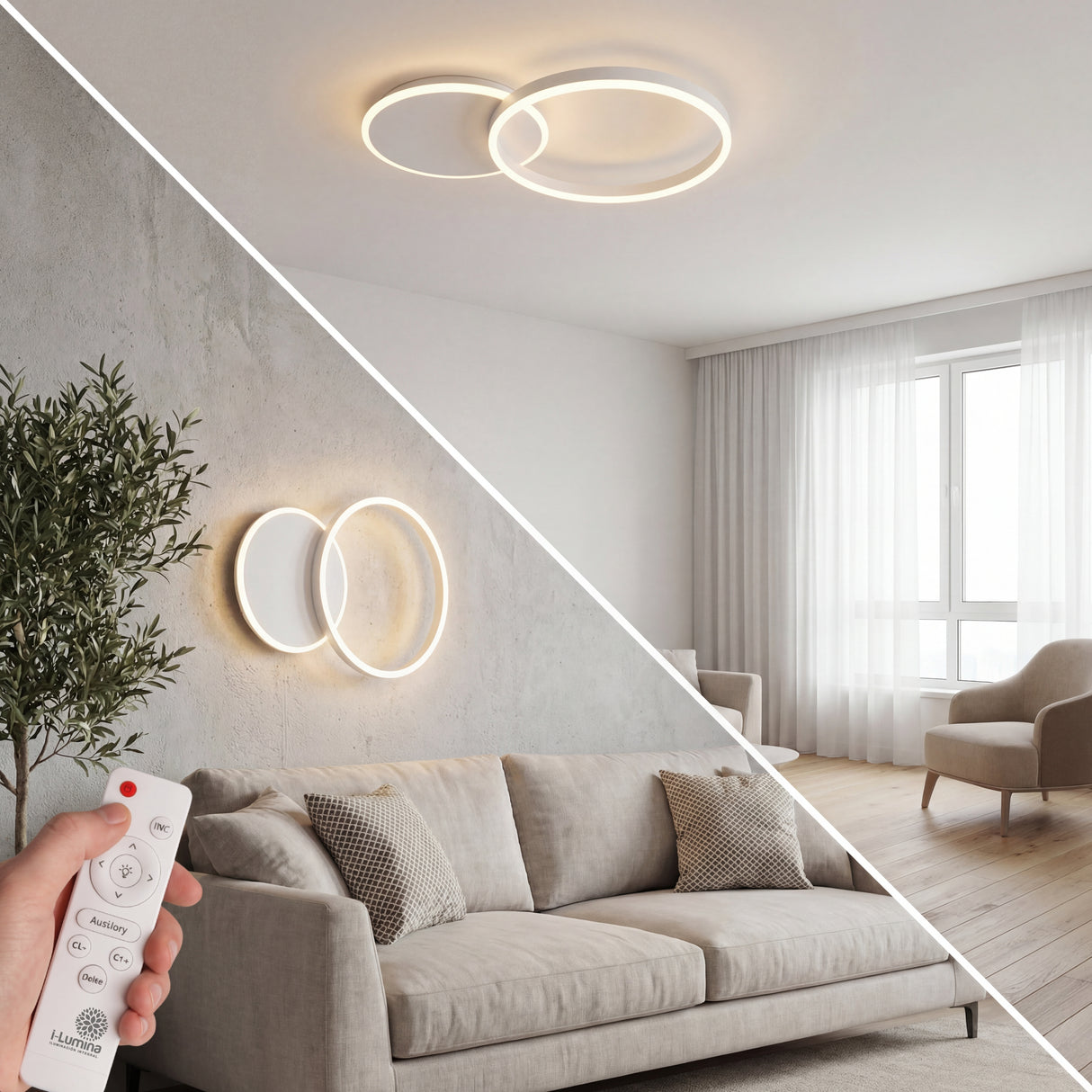 Lámpara LED de doble aro blanco instalada como plafón de techo y aplique de pared en sala moderna.