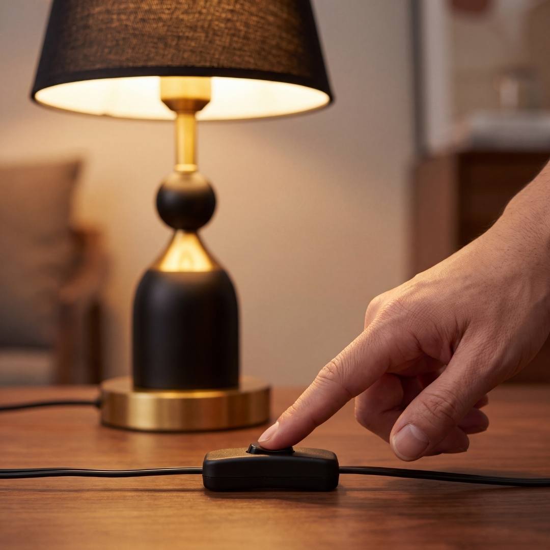 Mano accionando el interruptor de cable de la lámpara de mesa ALBA