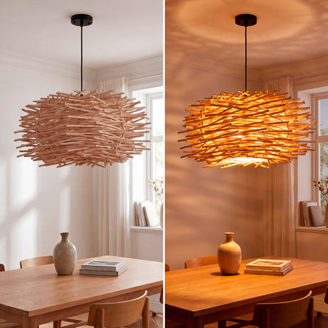 Comparativa de iluminación de la lámpara Harumi sobre mesa de comedor de madera.