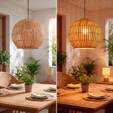 Comparativa de luz día y noche de la lámpara Betania en comedor rústico.