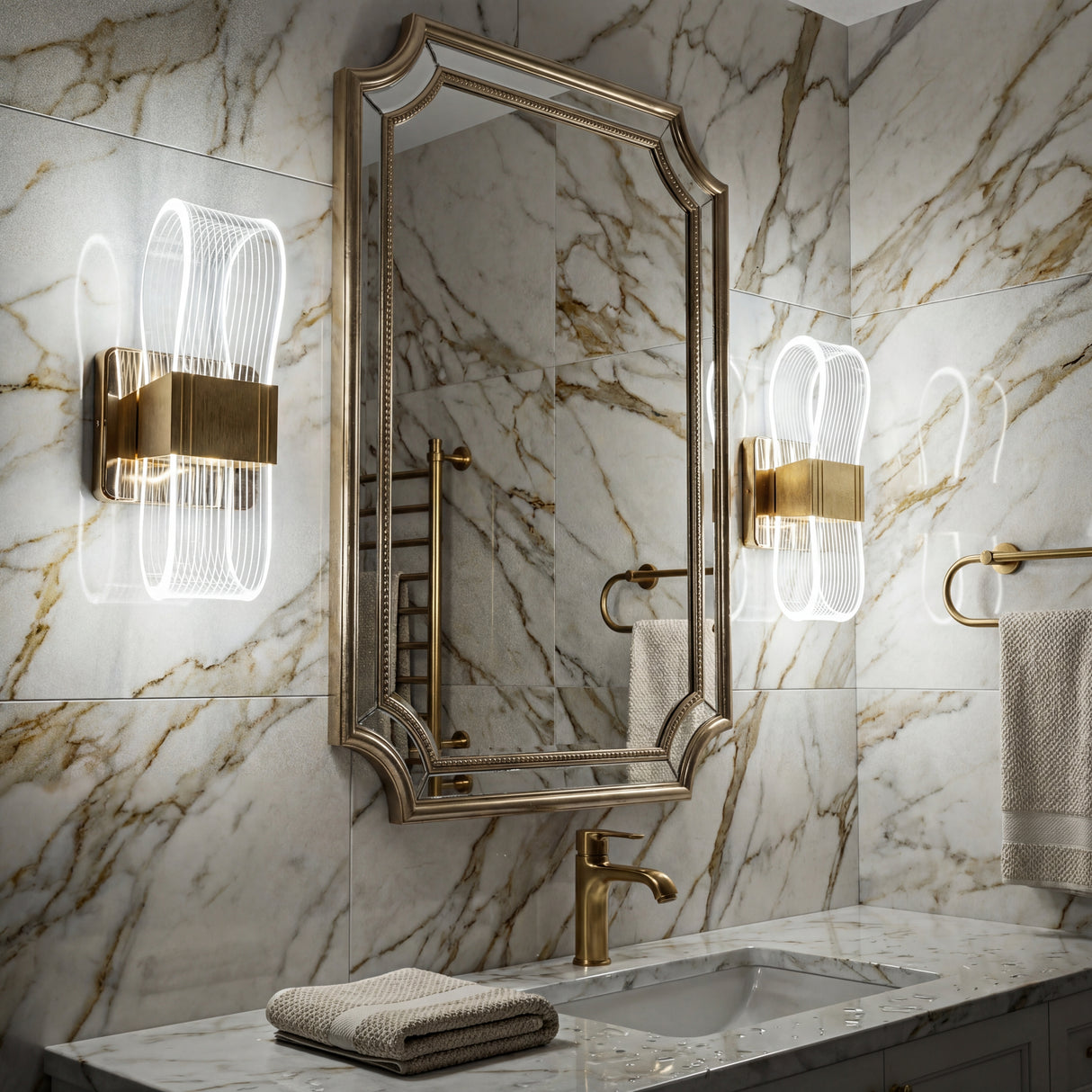Lampara de pared Flow Gold instalada sobre pared de marmol en un baño elegante.