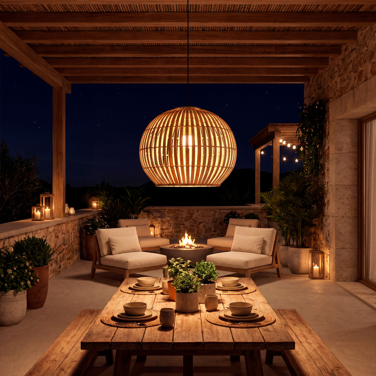Iluminación de ambiente en terraza de madera con la lámpara esférica Betania.