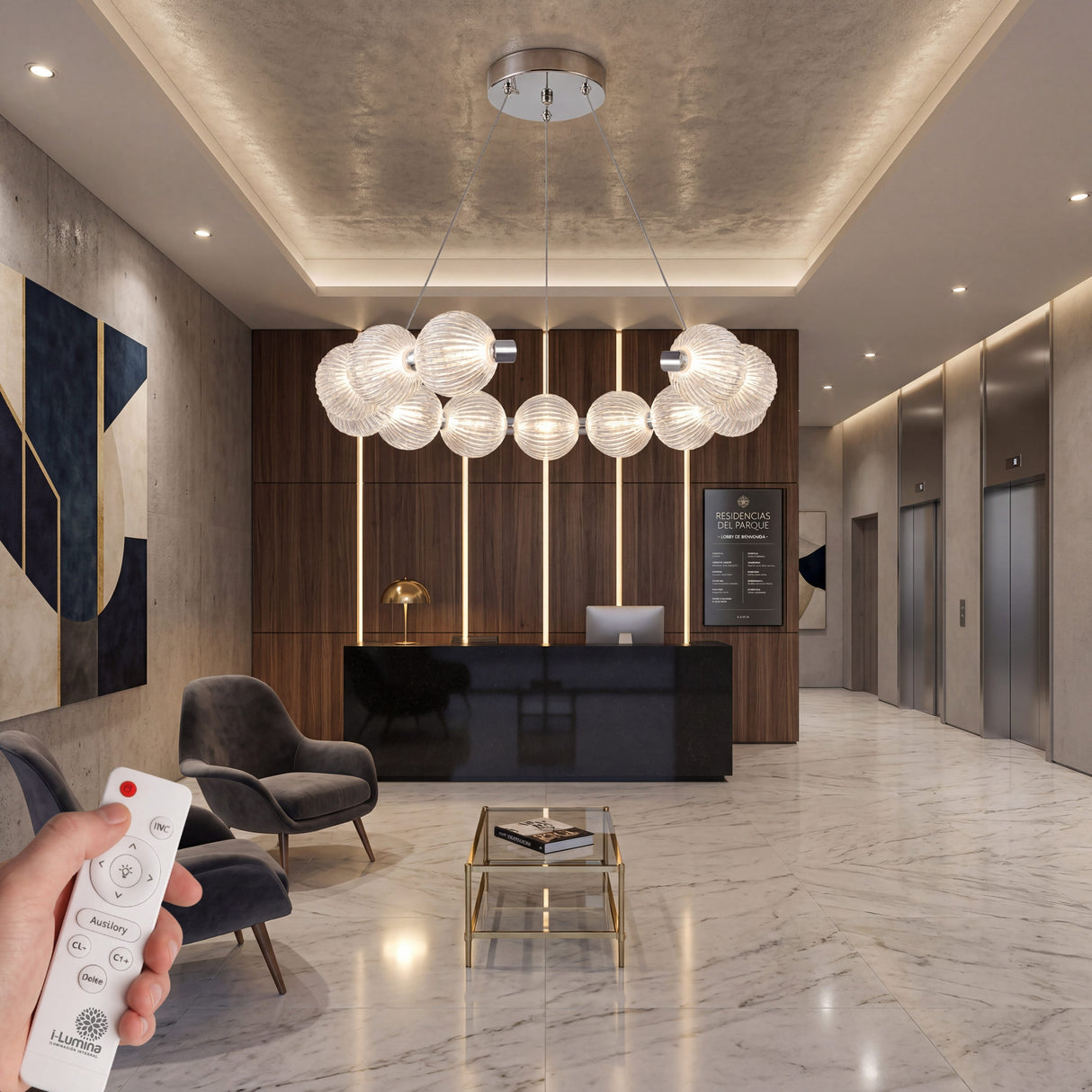 Recepcion de edificio empresarial iluminada con la elegancia de la lampara Bangle Crystal Silver.