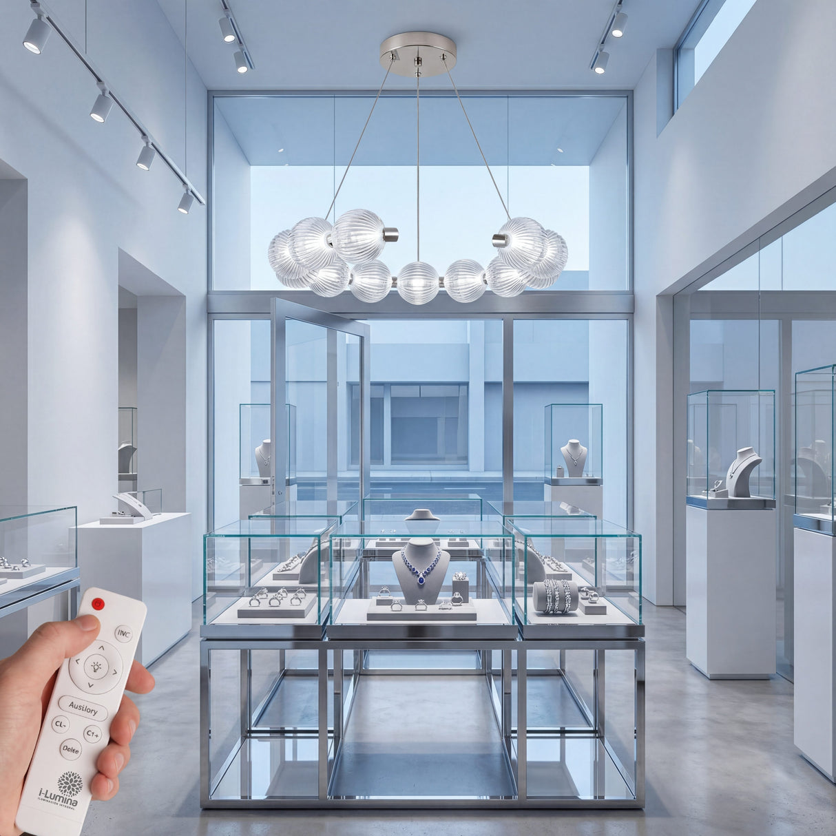Lampara Bangle Crystal Silver instalada en una boutique de lujo o vitrina con luz fria.