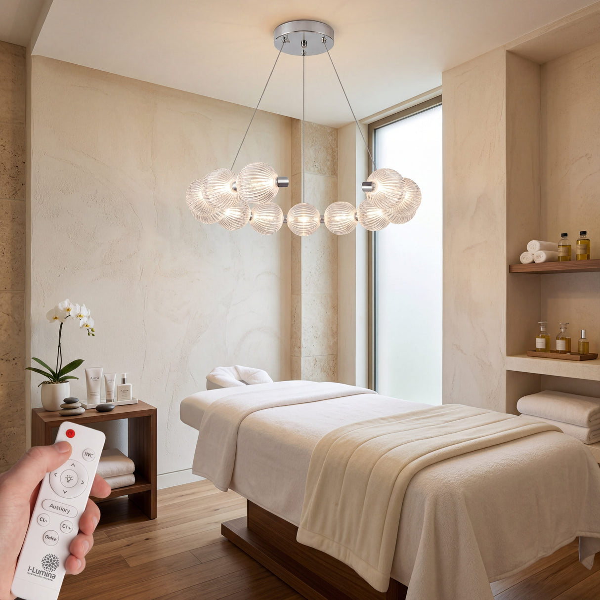 Sala de tratamientos de spa iluminada con la luz relajante de la lampara Bangle Crystal.