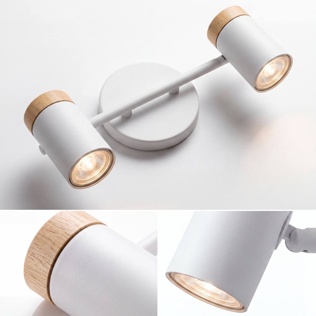 Barra de 2 spots blancos con madera, socket GU10, focos no incluidos