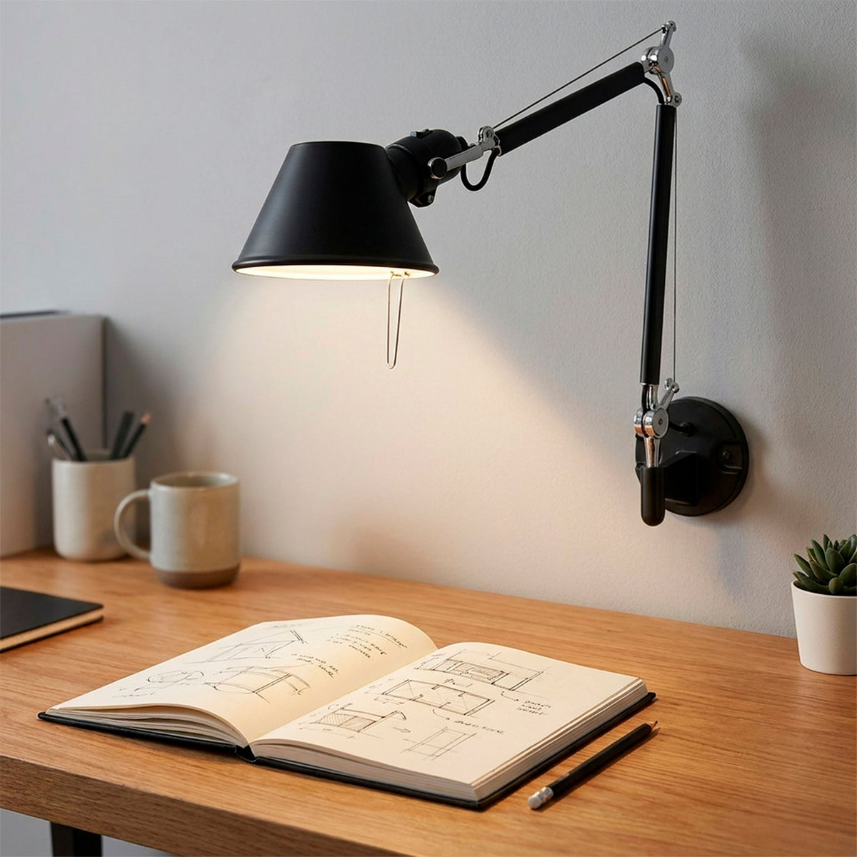 Iluminación técnica puntual sobre mesa de trabajo mediante brazo extensible articulado en negro.