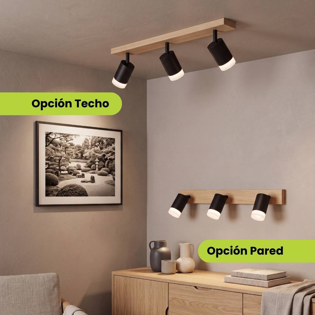 Lámpara BRISA instalada en techo y en pared, dos opciones de montaje