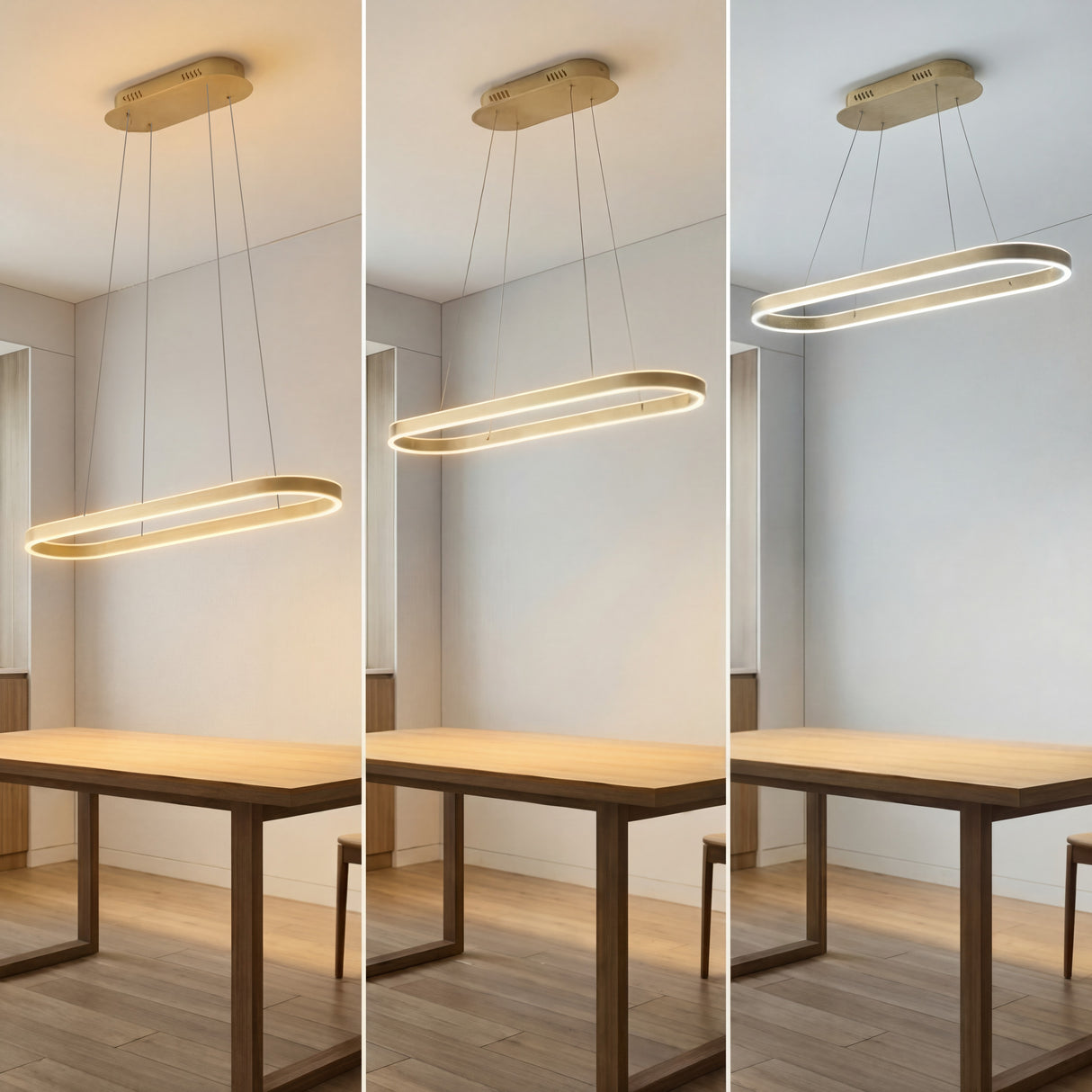 Demostración de los cables de acero ajustables para regular la altura de la lámpara sobre la mesa.