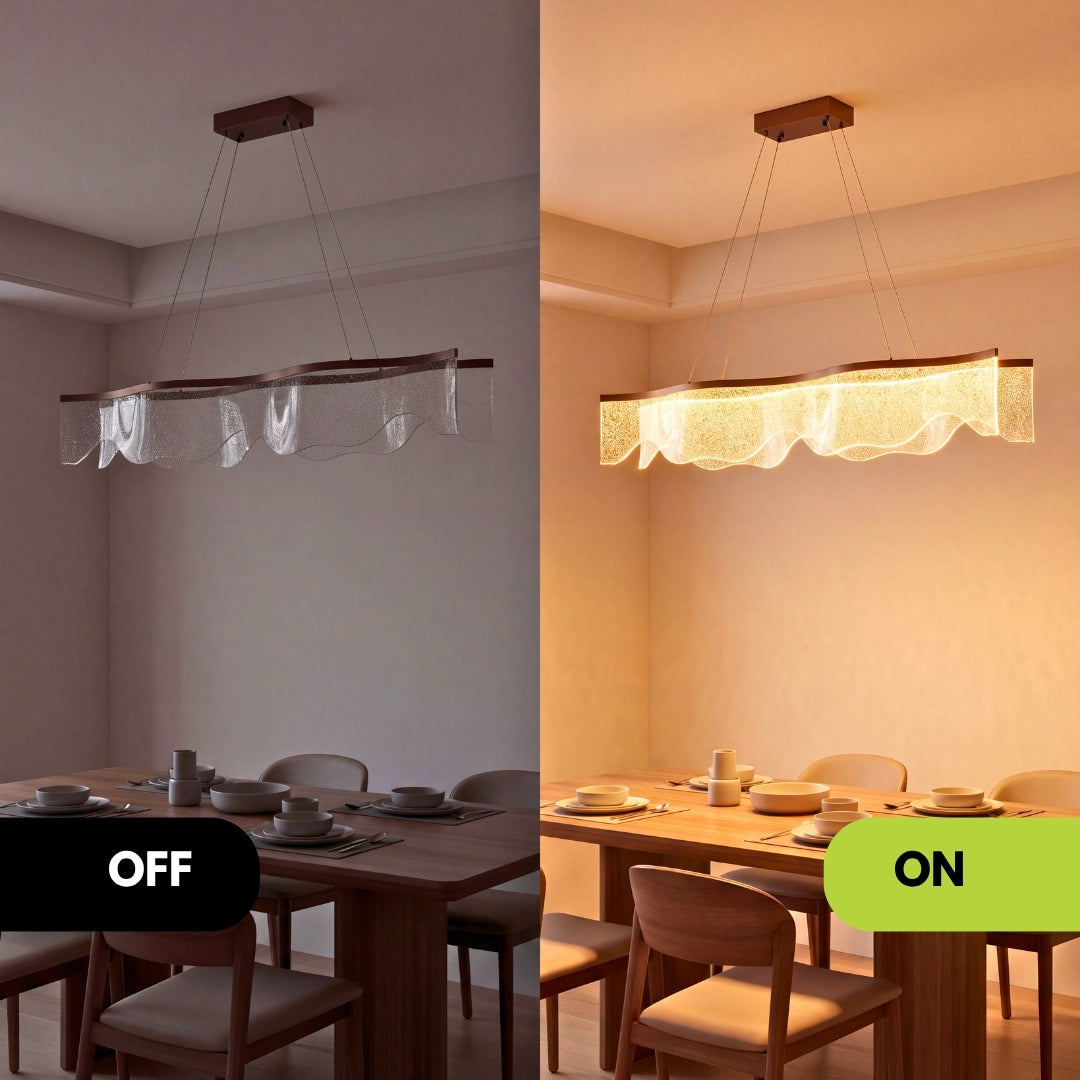 Comedor con la lámpara colgante apagada y encendida en el mismo ángulo